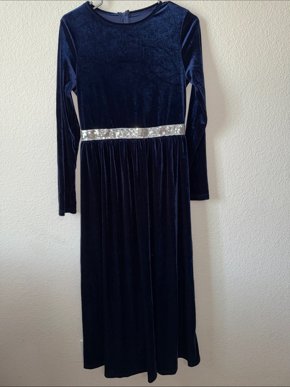 Women’s Navy Velvet Long Sleeve Dress with Silver Sequin Waist